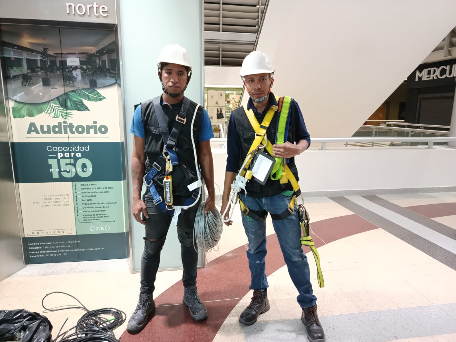 Técnicos de Icono Visual con arnés para trabajo en alturas