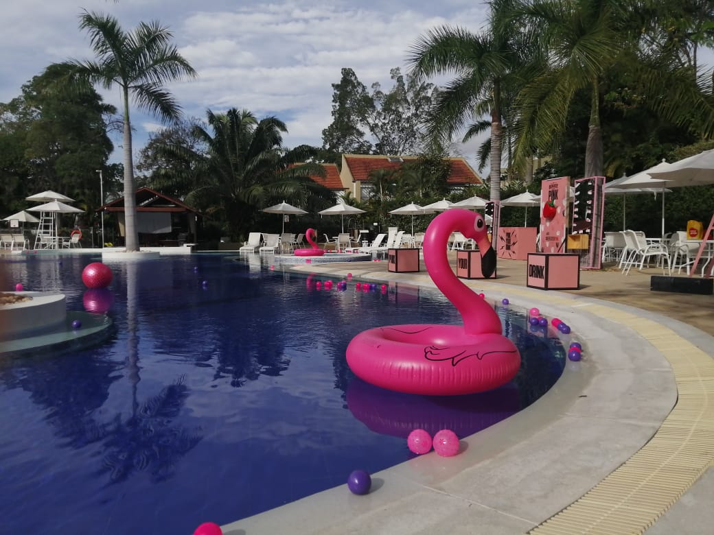 Activación de piscina Beefeater Pink con flamenco inflable